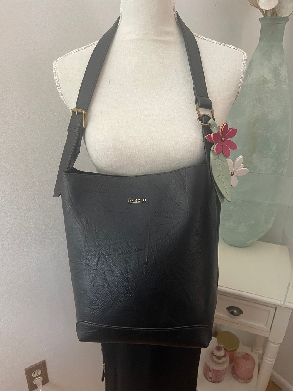 Liz Soto Black Shoulder Bag with Floral Charm
